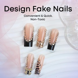 Long Press on Nails Square Fake Nails Black French Tip False Nails Press ons with 3D Gold Butterfly Rhinestone Designs Reusable Acrylic Nails Full Cover Stick on Nails for Women Manicure 24Pcs