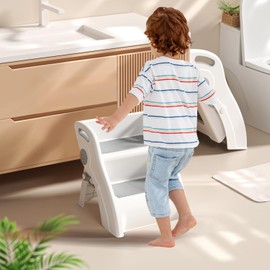 Vanpolchy Step Stool for Toddlers – Foldable Toddler Step Stool for Bathroom Sink, 100lbs Load Bearing Non-Slip Kids Stool with Handles and Anti-Tip Design - Potty Training Stool for Ages 2+ (1.Grey)