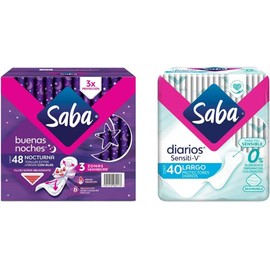 Saba Buenas Noches Con Alas; Toallas Femeninas Nocturnas Xl, Flujo Súper Abundante; 48 Toallas + Diarios Sensiti-v, Protectores Diarios Largos, 40 Piezas, color, 40 count, pack of/paquete de 1