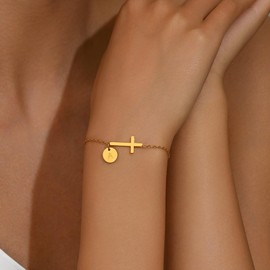 Jewigo Cross Bracelet for Women Dainty 18K Gold Plated Cross Initial Bracelets Simple Gold Letter Bracelet Confirmation Gift