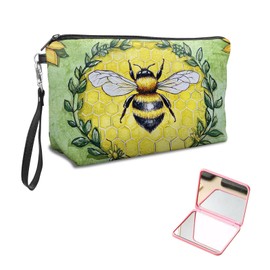 KUJKBFWJ Unique Cosmetic Bag with Pink Square Mirror, Great Gifts for Women Mom, Elegant Roomy Makeup Bags with Zipper, Travel Waterproof Toiletry Bag Gifts, Sunflower and Funny Bee
