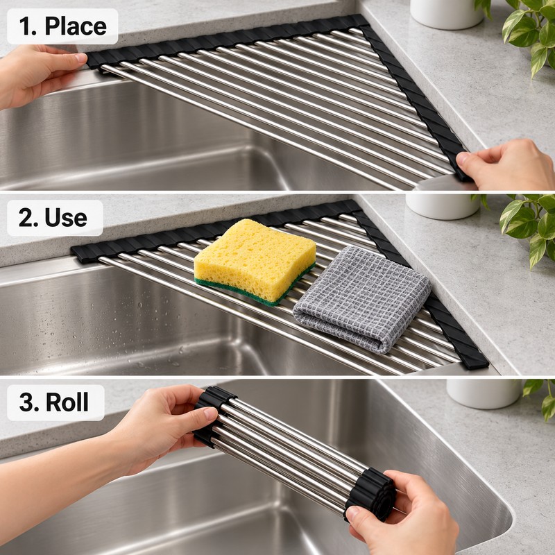 Triangle Sink Drying Rack for Kitchen Organization – Foldable Metal
