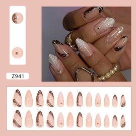 3D Stereoscopic Press on Nails Almond Medium Fake Nails Stereoscopic Lines Glue on Nails Glossy Pink False Nails Fall Winter Nail Art Decorations Medium Almond Stick on Nails for Women Girls