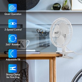 Comfort Zone Portable Clip on Fan with Fully Adjustable Tilt, Electric, 6 inch, Quiet, Indoor, 2 Speed, Mini Desk Fan, Table Fan, Airflow 6.53 ft/sec, Ideal for Home, Bedroom, Dorm & Office, CZ6C