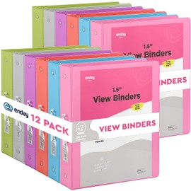 3 Ring Binder, 1.5 Inch Clear View Cover with 2 Inside Pockets Binder, Colored School Supplies 1 ½ Inch Round Ring Binders, in Pink, Red, Blue, Purple, Green, and Grey, Multicolor (12 PC) – by Enday