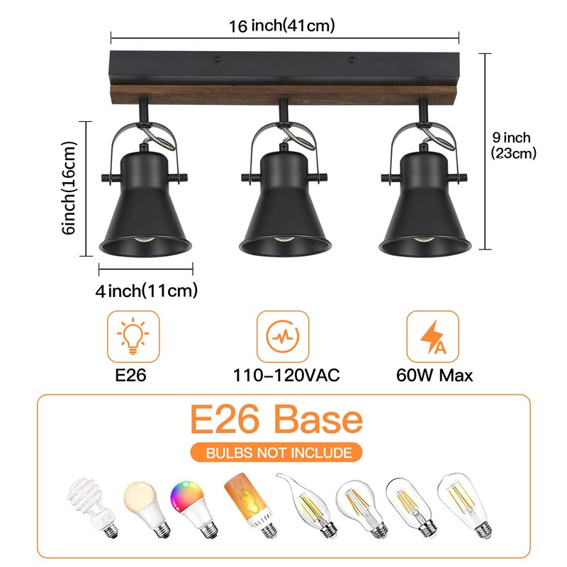 SEEBLEN 3-Light Kitchen Light Fixtures, Adjustable Ceiling/Wall Mount Spotlight, Industrial