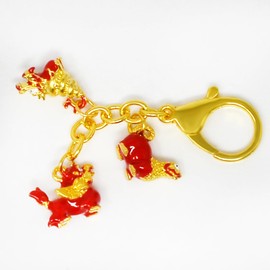 Feng Shui Three Harmony Animal Keychain Harmony Balance Amulet Good Luck Wealth Keychain, red