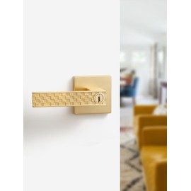 MRML Brushed Gold Keyed Entry Door Handle with Lock and Key, Front Entrance Exterior Gold Door Lever, Interior Bedroom Door Lock, Zinc Alloy Door Handle, 1 Pack