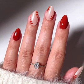 Fall Press on Nails Almond Short Fake Nails Red Nails Press ons Glossy Glue on Nails Winter False Nails with Leaves Designs White Acrylic Nails Artificial Stick on Nails for Women 24Pcs