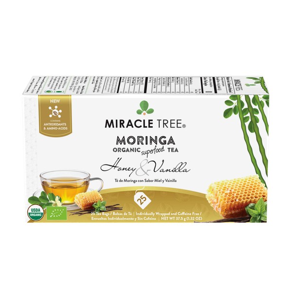 Miracle Tree - 6 Count of Organic Moringa Superfood Tea, 25 Individually Sealed Tea Bags, Honey & Vanilla
