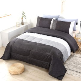 PERFEMET Queen Comforter Set 3 Pieces Bedding Set All Seasons Masculine Striped Pattern Vintage Farmhouse Soft Cozy Bedroom for Elegant Men Teen Girls Boys Dark Gray and White