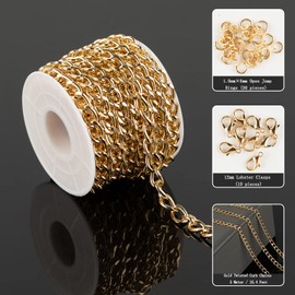 YOUBEIYEE 16.4 Feet Twisted Curb Chain Links Gold Plated Aluminum Bracelet Necklace Chain Bulk for DIY Craft Jewelry Making with Lobster Clasps and Jump Rings