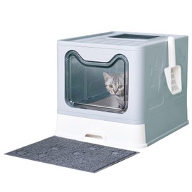 Medario Cat Litter Box with Litter Mat and Scoop, Large Foldable Litter Box with Lid, Front Entry Top Exit Kitty Box, Odor Control, Easy to Clean (Blue)