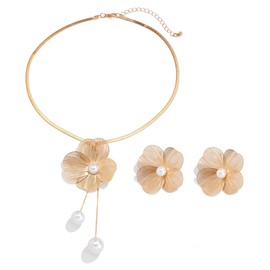 FDEETY Necklace and Earrings Jewellery Sets for Women Metallic Ginkgo Leaf Flowers Necklace with Cute and Cool Faux Pearls Tassel Earrings, Zinc