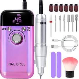 Pulidor de Uñas Profesional 45000 RPM,Taladro para Uñas Eléctrico (Morado) Herramienta Versátil de manicura eléctrica de gel acrílico, 7 cabezales de pulido, 6 bandas de lijado y 2 limas de uñas