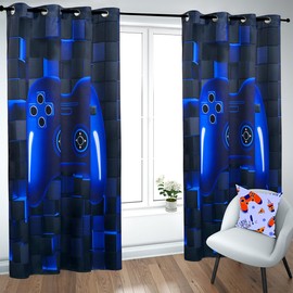PERFEMET Gamer Blackout Curtains for Kids Bedroom 2 Panels, Black and Blue Video Game Controller Curtains for Boys Teens Living Room Decor 3D Cool Gaming Grommet Window Drapes Set(Blue, 42x54inch)