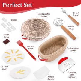 Sourdough Starter Kit, Sourdough Bread Baking Supplies, Banneton Bread Proofing Basket, Bread Proofing Basket with Bench Scraper, Dourdough Scoring Tool, Proofing Cover, Dough Whisk, Silicone Brush