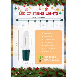 50FT C7 LED Christmas Lights, Outdoor Vintage String Lights with 52 Bulbs(2 Spare), Commercial Hanging Christmas Lights for Xmas Holidays Roofline Patio Garden Party Wedding Decor
