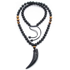 GENASTO Wolf Tooth Necklace Black Obsidian Stone Beads and Tiger Eye Necklace and Tiger Eye Natural Stone Crystal Healing Prayer Necklace for Men Women