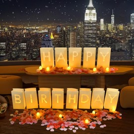 Happy Birthday Decorations for Men and Women Girls, Luminary Bags with Light Up Letters, Rose Petals and Candles Set, Happy Birthday Banner Sign for Party Decorations, Festival, Surprise Gifts Banner
