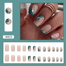 Medium Square Press on Nails,Glossy Nude Fake Nails,Green Marble Gold Foil Design False Nails,Acrylic Artificial Nails for Women DIY Salon Manicure,Reusable Stick on Nails Natural Glue on Nails