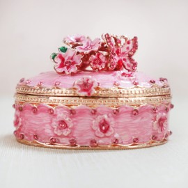 NAJMECHOY Jewelry Box Organizer for Women Girls, Wedding Ring Earring Orgnizer, Storage Container, Alloy Box, Travel Case, Necklace, Stereo Carved Floral (Pink) (EC0060US)