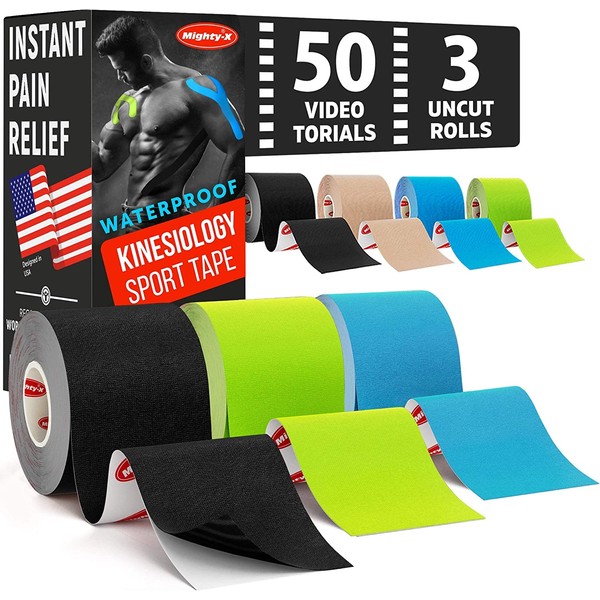Waterproof Kinesiology Tape - [3 Rolls] - Kinetic Tape - Joints Support & Muscle Pain Relief - 16.4 ft Uncut Knee Tape +50 Videos - Muscle Tape