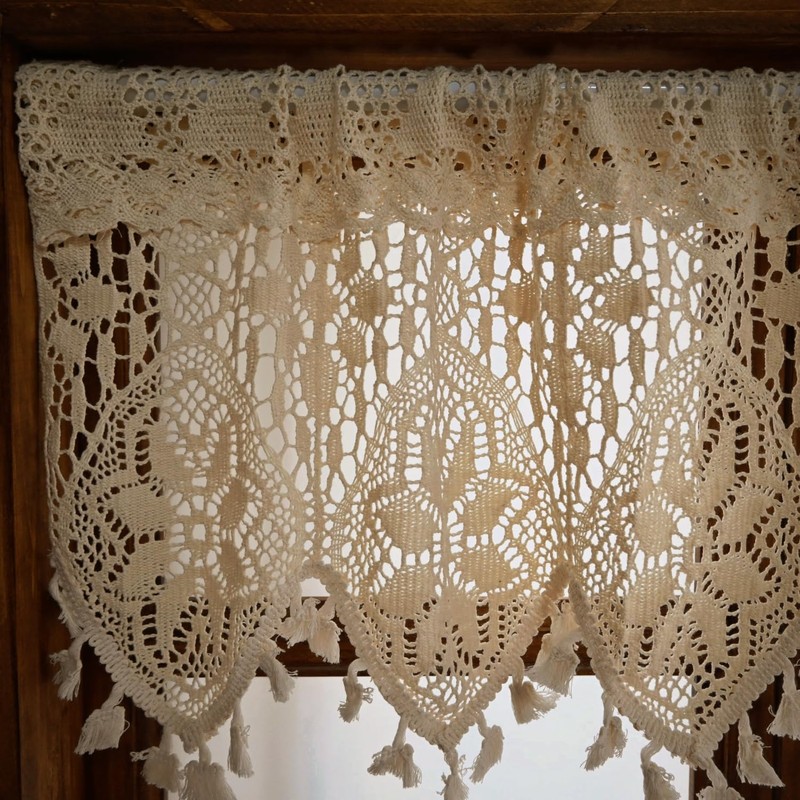 Tsinmorn Boho Curtain Valance for Kitchen Dining Farmhouse Crochet Curtain