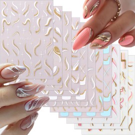 11 Sheets French Shining Line Nail Art Stickers Decals Gold Metal Curve Wavy Stripe Nail Stickers 3D Glitter Lines Nail Art Supplies Acrylic DIY Nail Manicure Decoration for Women