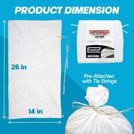 Sand bags with Ties 14" x 26" (Pack of 100) - Sand bags for Flooding, Woven Polypropylene Sandbags, 50 lbs Capacity, 14x26 inches, White