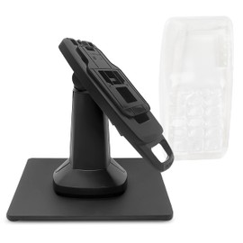 ENS Tailwind Verifone Vx805 7" Latch and Lock Compact Pole Mount PIN Pad Stand with Full Device Protective Spill Cover and Square Freestanding Mobility Base Plate, Black
