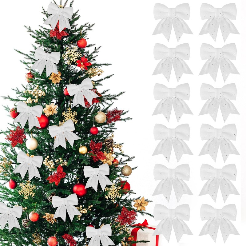 GXFCING 12 Pack White Christmas Bows for Christmas Tree 6