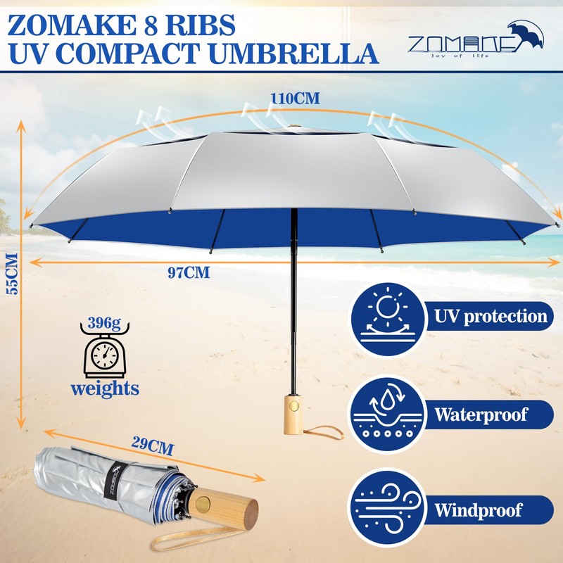 ZOMAKE Umbrella Compact UV Protection, Parasol Portable Automatic for Men