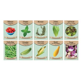 Vegetable, Flower, and Herb Seed Set - 10 Varieties of Non-GMO and Heirloom Premium Seeds for Planting - Rosemary, Mixed Greens, Cucumber, & More!