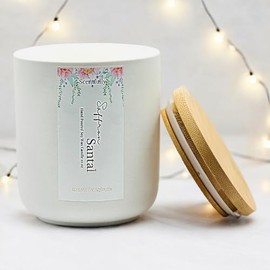 Scentfully Handmade10oz Wood Wick Candles (Saffron Santal 10 oz Wood Wick Candle- White Ceramic Jar with Bamboo Lid)
