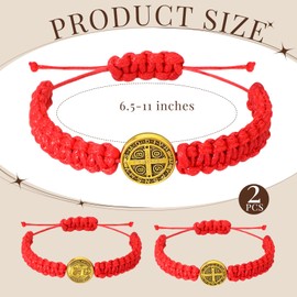Fumete 2 Pcs Catholic Bracelets Saint Benedict Medal Gifts Adjustable String Bracelets Religious Gifts for Men Women Birthday Holiday (Red,Gold)