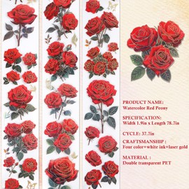 Yiiyyuuko Rose Flower Scrapbook Sticker Crafts - 1 Roll of Rose Flower Transparent PET Scrapbook Vintage Red Flower Junk Journal Supplies for Floral Srapbooking Tapes Art Crafts Cup Decorative