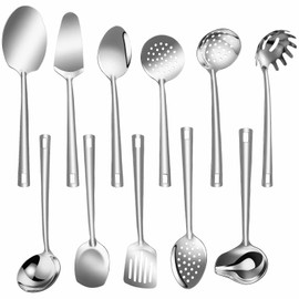 Lazycorner Cooking Utensil Set 11 Pcs Stainless Steel Kitchen Utensils Set Wok Utensils Kitchen Tool Set Spatula Set Heat Resistant Metal Kitchen Tools Ergonomic HandleEasy to Clean Dishwasher Safe