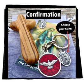 Confirmation Gift Set for Him/Her, Choose your Saint Key Chain, Miraculous Medal, Catholic New Driver, Confirmation, Olive Wood Pocket Cross