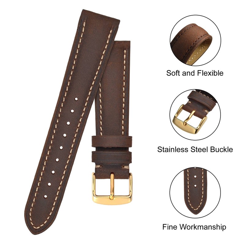 BISONSTRAP Vintage Watch Straps with Gold Buckle, Leather Replacement Band