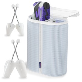 Huglist Shoe Washing Machine Bag - Dual Shoe Bag for Washing with Adjustable Shoe Trees, Laundry Shoe Bag for 2 Shoes, Fluffy Fiber, Wrap-around Cleaning, Olive-shaped Design, Durable Zipper, Blue