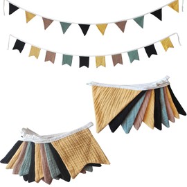 Muslin Cotton Fabric Pennant Banner Flags, 2 Pcs Nursery Garland Bunting Triangle+Fishtail Banners Decorative Cute Flag for Baby Birthday Shower Nursery Decor Kids Party Garland (Cutee Black/Green)