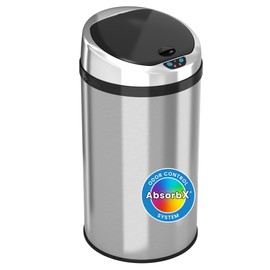 iTouchless 8 Gallon Touchless Kitchen Trash Odor Control System, Stainless Steel, Round Garbage Bin for Home or Office, Sensor Can, 08 Gallon
