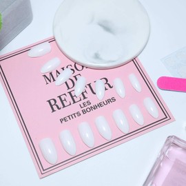 Allereya Almond Print On Nails White Stiletto Fake Nails Tapered Clip On Nails Medium French Full Cover Acrylic Nails Tips Portable Fingernails for Women and Girls Pack of 24 (White)