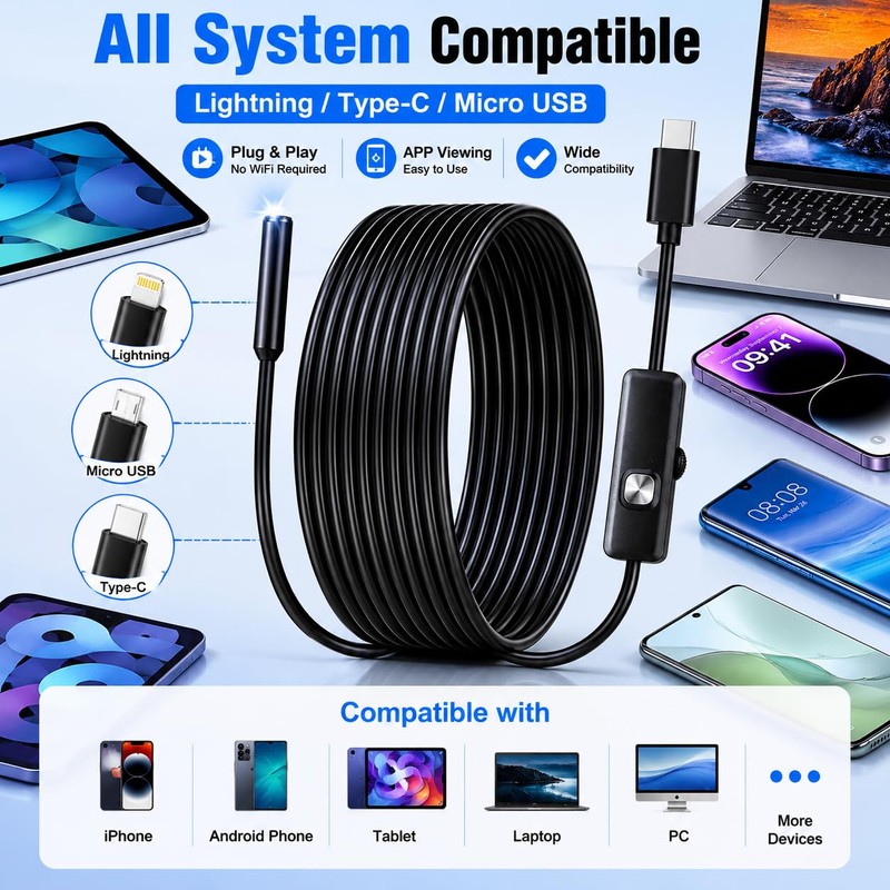 5m Endoscope Inspection Camera - 2MP HD Borescope Inspection Camera