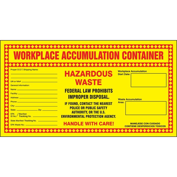 Accuform MHZW22PSC Adhesive Coated Paper Hazardous Waste Label, Legend "WORKPLACE