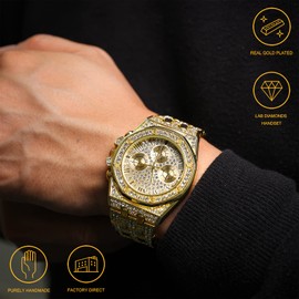 Halukakah Diamonds Gold Watch Iced Out,Men's 18K Real Gold Plated 40MM Width Roman Numerals Dial Quartz Wristband 8.7",Free Giftbox