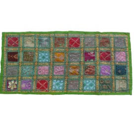 KNOBSWORLD Parrot Green Color Hand Embroidered Vintage Indian Sari Cotton Patchwork Table Runner Bohemian Colorful Indian Decor Wall Hanging (20 X40) inch. Green