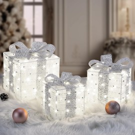 Elegear Cajas de regalo de decoración de Navidad, juego de 3 cajas de regalo iluminadas con 140 luces LED blancas frías, 8 modos y temporizador, alambre plateado, decoración de Navidad para interiores