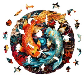 Tulolvae Wooden Puzzle Adults, Yin Yang Fish 275 Pieces Animals Wooden Puzzle, Irregular Unique Shape Puzzle Pieces, Wooden Puzzle Animal Shape, Wooden Puzzle with Wooden Gift Box, 13.3 x 13.2 inches